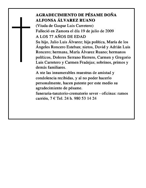 AGRADECIMIENTO DE PÉSAME DOÑA ALFONSA ÁLVAREZ RUANO