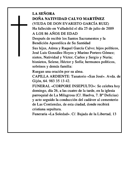 DOÑA NATIVIDAD CALVO MARTÍNEZ