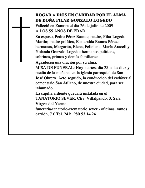 ROGAD A DIOS EN CARIDAD POR EL ALMA DE DOÑA PILAR GONZALO LOGEDO