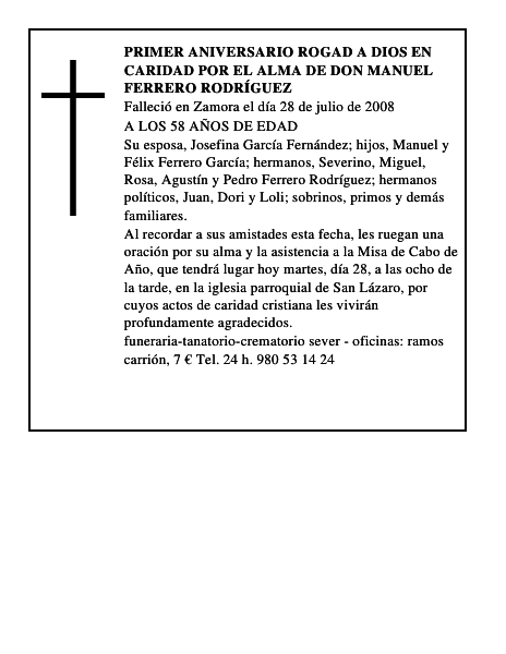 PRIMER ANIVERSARIO rogad a dios en caridad por el alma de DON MANUEL FERRERO RODRÍGUEZ