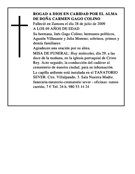 ROGAD A DIOS EN CARIDAD POR EL ALMA DE DOÑA CARMEN GAGO COLINO