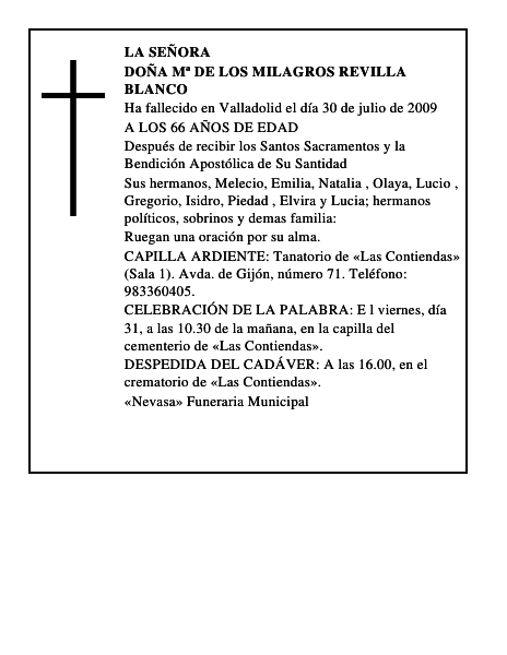 DOÑA Mª DE LOS MILAGROS REVILLA BLANCO