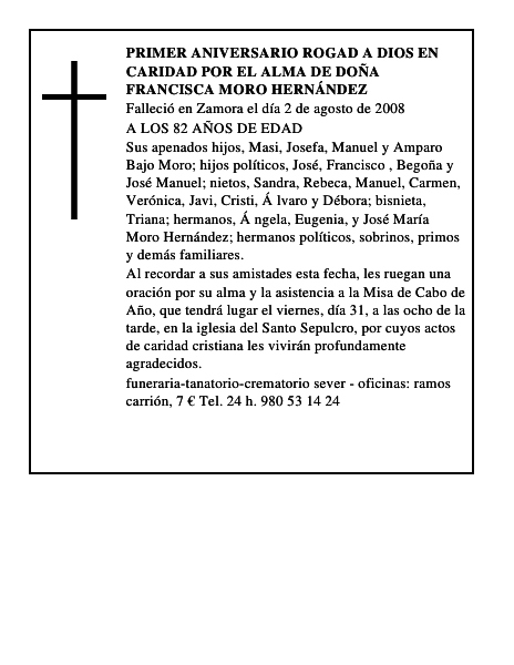 PRIMER ANIVERSARIO rogad a dios en caridad por el alma de DOÑA FRANCISCA MORO HERNÁNDEZ