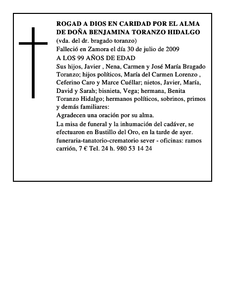 ROGAD A DIOS EN CARIDAD POR EL ALMA DE DOÑA BENJAMINA TORANZO HIDALGO