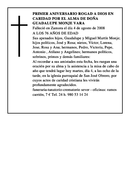PRIMER ANIVERSARIO rogad a dios en caridad por el alma de DOÑA GUADALUPE MONJE VARA