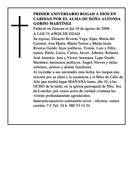 PRIMER ANIVERSARIO ROGAD A DIOS EN CARIDAD POR EL ALMA DE DOÑA ALFONSA GORDO MARTÍNEZ