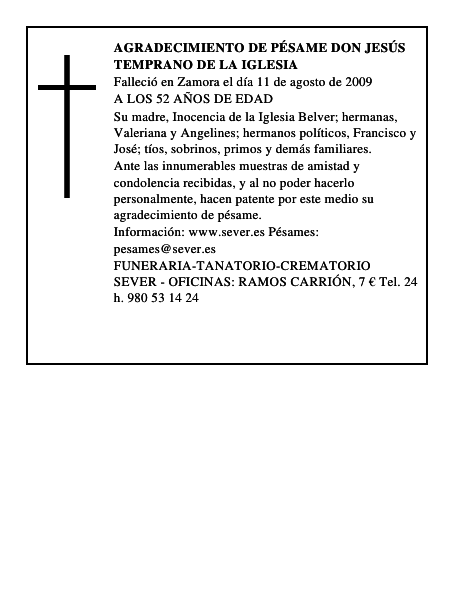 AGRADECIMIENTO DE PÉSAME DON JESÚS TEMPRANO DE LA IGLESIA