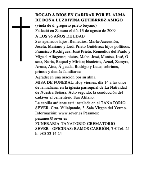 ROGAD A DIOS EN CARIDAD POR EL ALMA DE DOÑA LUZDIVINA GUTIÉRREZ AMIGO