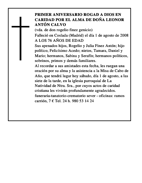 PRIMER ANIVERSARIO rogad a dios en caridad por el alma de DOÑA LEONOR ANTÓN CALVO