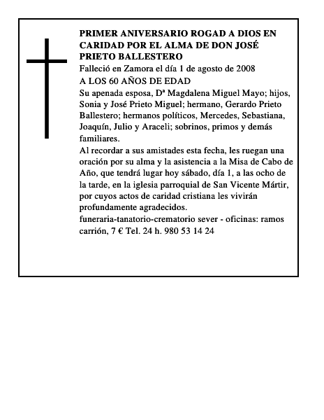 PRIMER ANIVERSARIO rogad a dios en caridad por el alma de DON JOSÉ PRIETO BALLESTERO