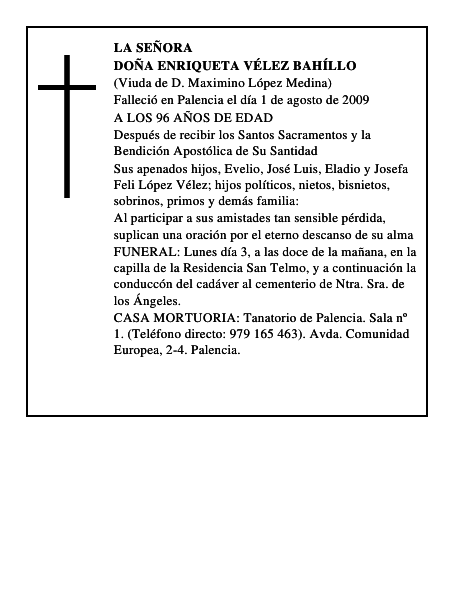 DOÑA ENRIQUETA VÉLEZ BAHÍLLO