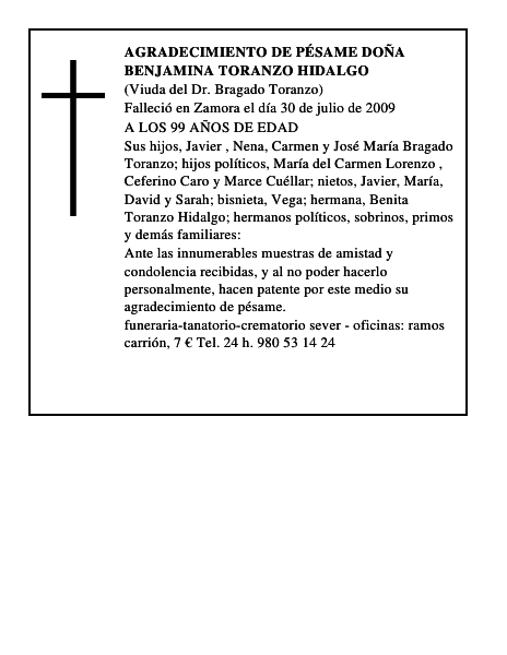 AGRADECIMIENTO DE PÉSAME DOÑA BENJAMINA TORANZO HIDALGO