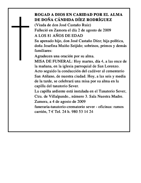 ROGAD A DIOS EN CARIDAD POR EL ALMA DE DOÑA CÁNDIDA DÍEZ RODRÍGUEZ