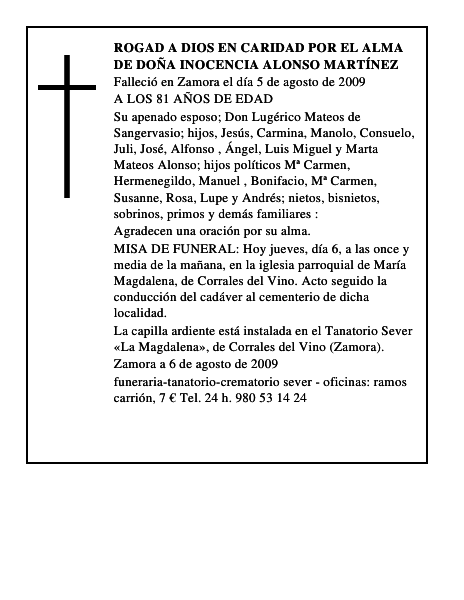 ROGAD A DIOS EN CARIDAD POR EL ALMA DE DOÑA INOCENCIA ALONSO MARTÍNEZ