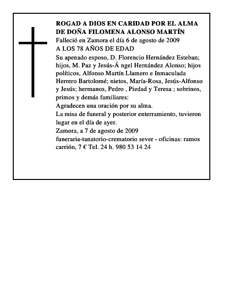 ROGAD A DIOS EN CARIDAD POR EL ALMA DE DOÑA FILOMENA ALONSO MARTÍN