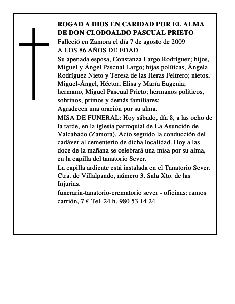 ROGAD A DIOS EN CARIDAD POR EL ALMA DE DON CLODOALDO PASCUAL PRIETO