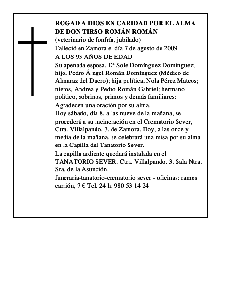 ROGAD A DIOS EN CARIDAD POR EL ALMA DE DON TIRSO ROMÁN ROMÁN