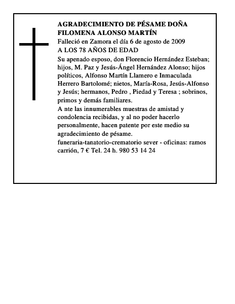 AGRADECIMIENTO DE PÉSAME DOÑA FILOMENA ALONSO MARTÍN