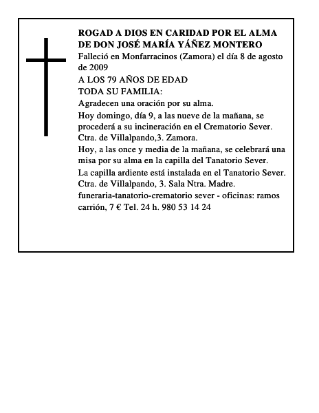 ROGAD A DIOS EN CARIDAD POR EL ALMA DE DON JOSÉ MARÍA YÁÑEZ MONTERO