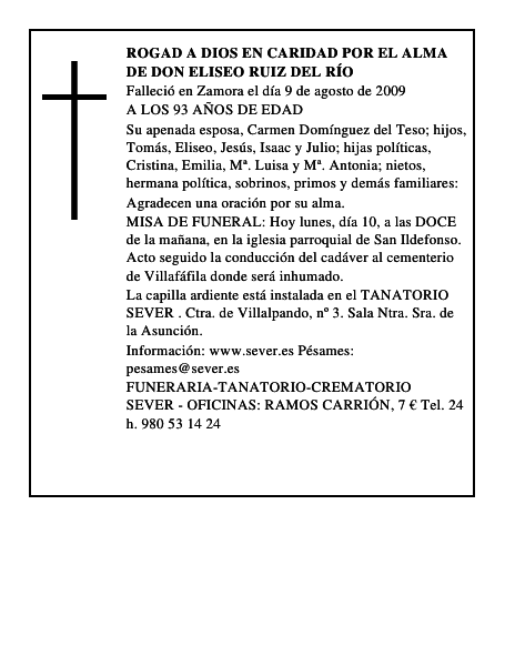 ROGAD A DIOS EN CARIDAD POR EL ALMA DE DON ELISEO RUIZ DEL RÍO