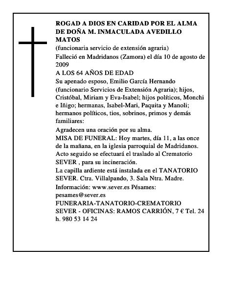 ROGAD A DIOS EN CARIDAD POR EL ALMA DE DOÑA M. INMACULADA AVEDILLO MATOS