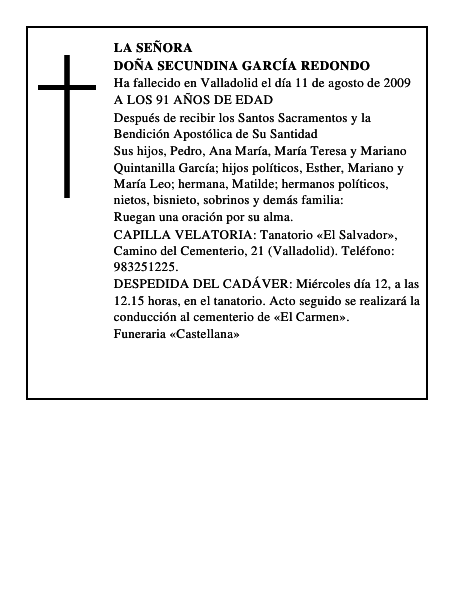 DOÑA SECUNDINA GARCÍA REDONDO