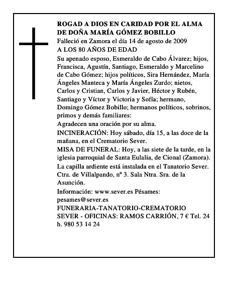 ROGAD A DIOS EN CARIDAD POR EL ALMA DE DOÑA MARÍA GÓMEZ BOBILLO