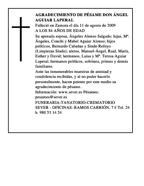 AGRADECIMIENTO DE PÉSAME DON ÁNGEL AGUIAR LAPERAL