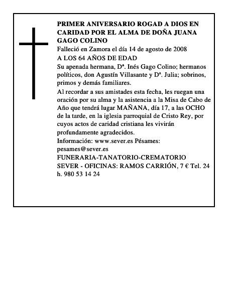 PRIMER ANIVERSARIO ROGAD A DIOS EN CARIDAD POR EL ALMA DE DOÑA JUANA GAGO COLINO
