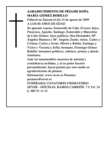 AGRADECIMIENTO DE PÉSAME DOÑA MARÍA GÓMEZ BOBILLO