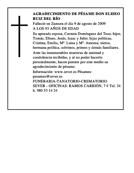 AGRADECIMIENTO DE PÉSAME DON ELISEO RUIZ DEL RÍO