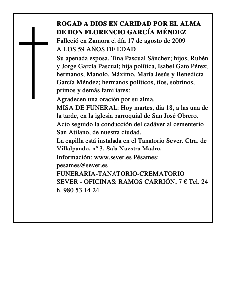 ROGAD A DIOS EN CARIDAD POR EL ALMA DE DON FLORENCIO GARCÍA MÉNDEZ