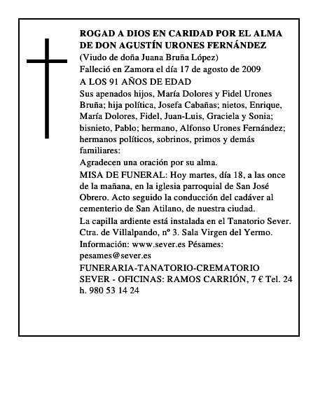 ROGAD A DIOS EN CARIDAD POR EL ALMA DE DON AGUSTÍN URONES FERNÁNDEZ