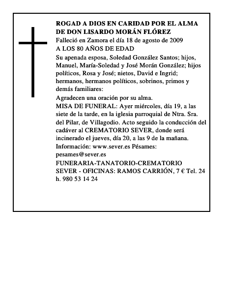 ROGAD A DIOS EN CARIDAD POR EL ALMA DE DON LISARDO MORÁN FLÓREZ