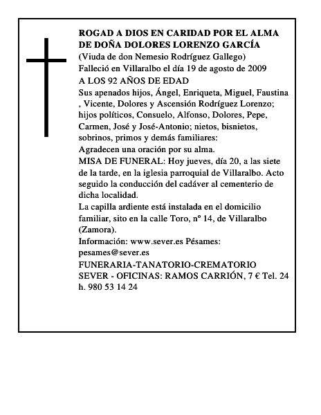 ROGAD A DIOS EN CARIDAD POR EL ALMA DE DOÑA DOLORES LORENZO GARCÍA