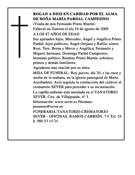 ROGAD A DIOS EN CARIDAD POR EL ALMA DE DOÑA MARÍA PARDAL CAMPESINO
