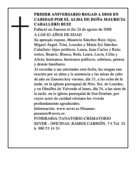 PRIMER ANIVERSARIO ROGAD A DIOS EN CARIDAD POR EL ALMA DE DOÑA MAURICIA CABALLERO RUIZ