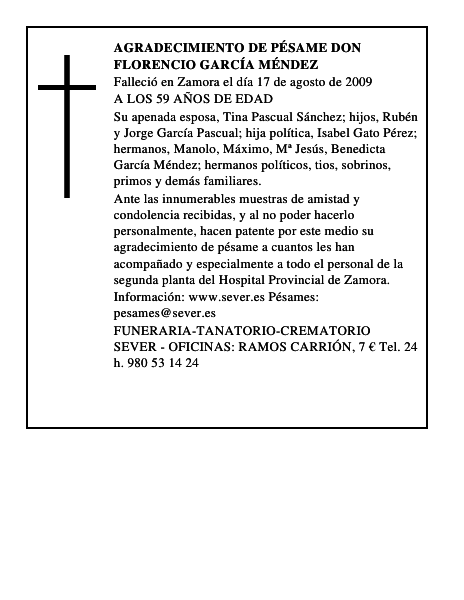 AGRADECIMIENTO DE PÉSAME DON FLORENCIO GARCÍA MÉNDEZ