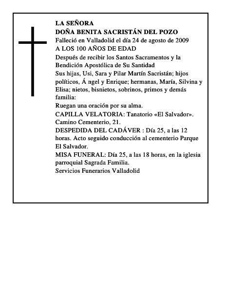 DOÑA BENITA SACRISTÁN DEL POZO
