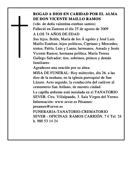 ROGAD A DIOS EN CARIDAD POR EL ALMA DE DON VICENTE MAILLO RAMOS