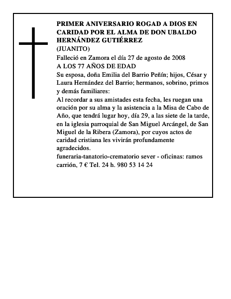 PRIMER ANIVERSARIO rogad a dios en caridad por el alma de DON UBALDO HERNÁNDEZ GUTIÉRREZ