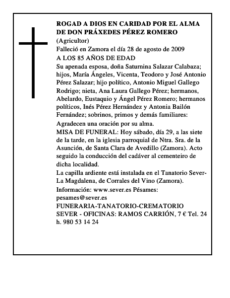 ROGAD A DIOS EN CARIDAD POR EL ALMA DE DON PRÁXEDES PÉREZ ROMERO