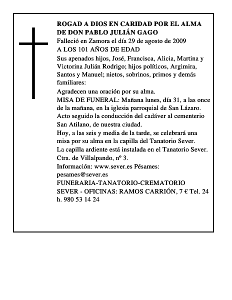 ROGAD A DIOS EN CARIDAD POR EL ALMA DE DON PABLO JULIÁN GAGO