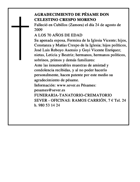 AGRADECIMIENTO DE PÉSAME DON CELESTINO CRESPO MORENO