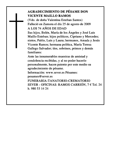 AGRADECIMIENTO DE PÉSAME DON VICENTE MAILLO RAMOS