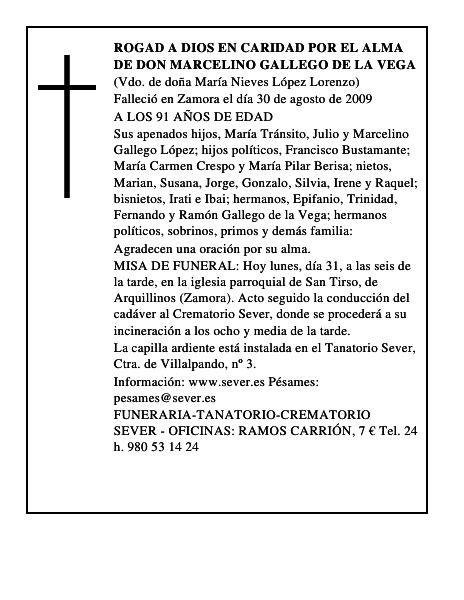 ROGAD A DIOS EN CARIDAD POR EL ALMA DE DON MARCELINO GALLEGO DE LA VEGA