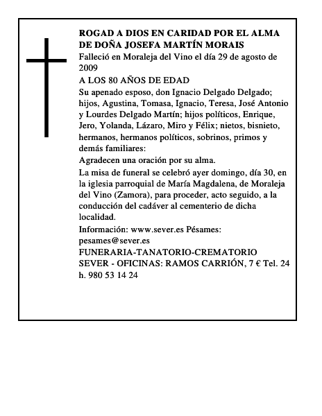 ROGAD A DIOS EN CARIDAD POR EL ALMA DE DOÑA JOSEFA MARTÍN MORAIS