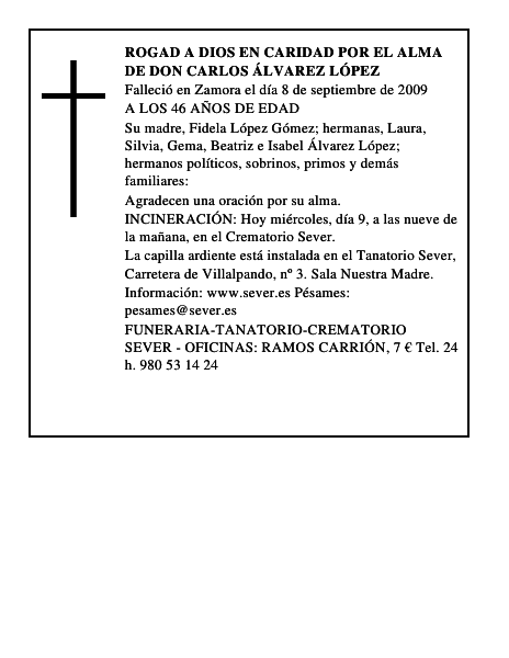 ROGAD A DIOS EN CARIDAD POR EL ALMA DE DON CARLOS ÁLVAREZ LÓPEZ