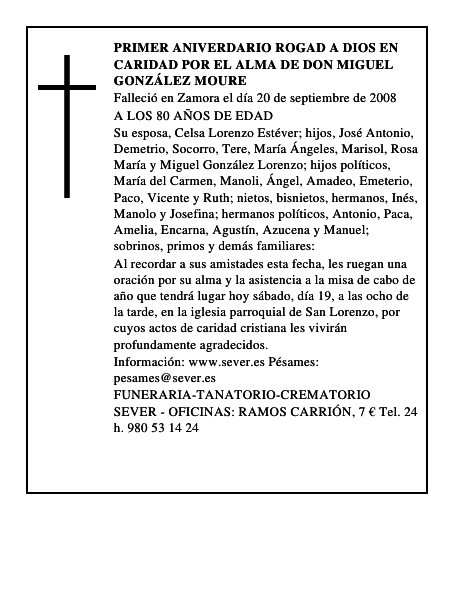 PRIMER ANIVERDARIO ROGAD A DIOS EN CARIDAD POR EL ALMA DE DON MIGUEL GONZÁLEZ MOURE