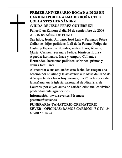 PRIMER ANIVERSARIO rogad a dios en caridad por el alma de DOÑA CELE COLLANTES HERNÁNDEZ